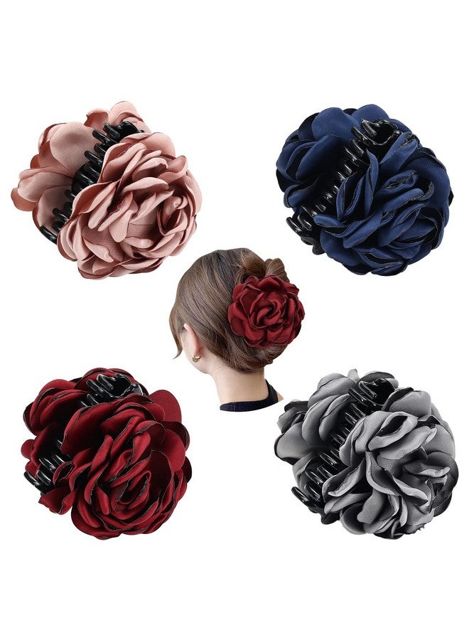 4 Pack Black Plastic Hair Claws With Big Large Rose Flower Floral Bow Clips Barrettes Clamps Hair Bun Chignon Updo Holders Accessories For Women Girls