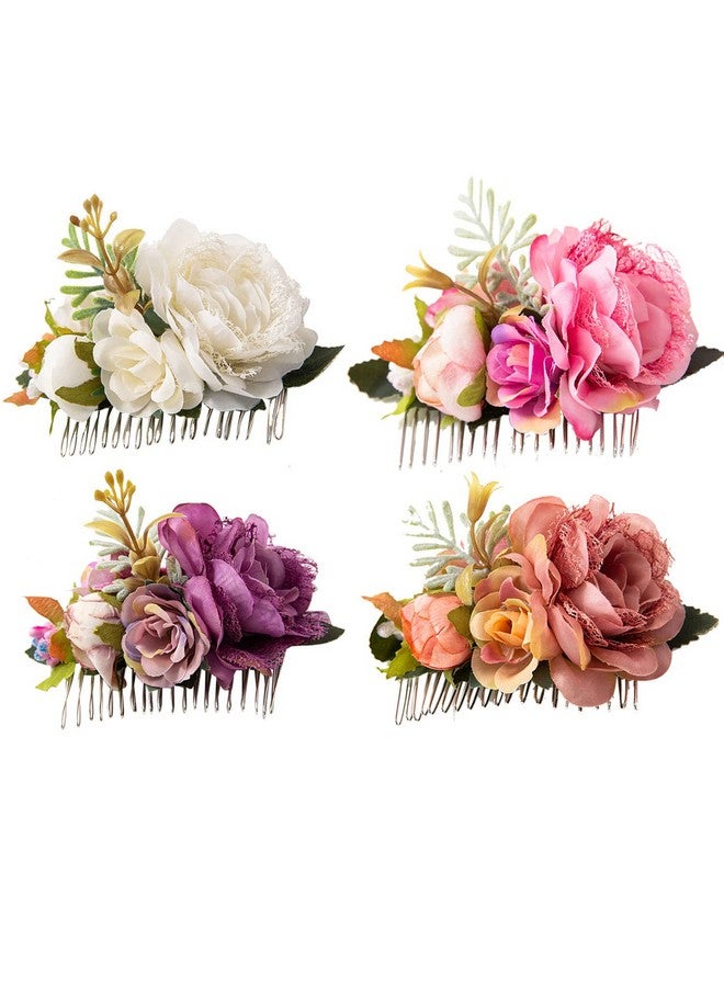 4 Pack White Pink Flower Metal Hair Side Combs Slides With Artificial Big Rose Wedding Bridal Clips Floral Headpieces Hairpins Barrettes Bun Hair Accessories For Women Flower Girl Bridesmaids