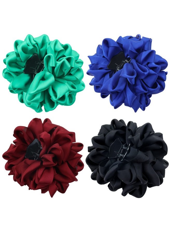 4 Pack Blue Black Burgundy Red Green Butterfly Octopus Korean Ribbon Silk Chiffon Large Rose Flower Bows Plastic Hair Claw Clips Jaw Barrettes Grips Clamps Decorative Bun Chignon Accessories For Women