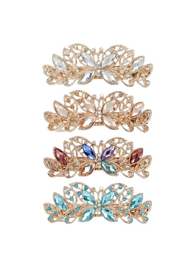 4 Pack Luxury Butterfly Jeweled Crystal Rhinestone Glitter Sparkly Metal Hair Barrettes Snap Clips Hairpins Hairgrip Thin Thick Bun Twist Holder Hair Accessories For Women Girl