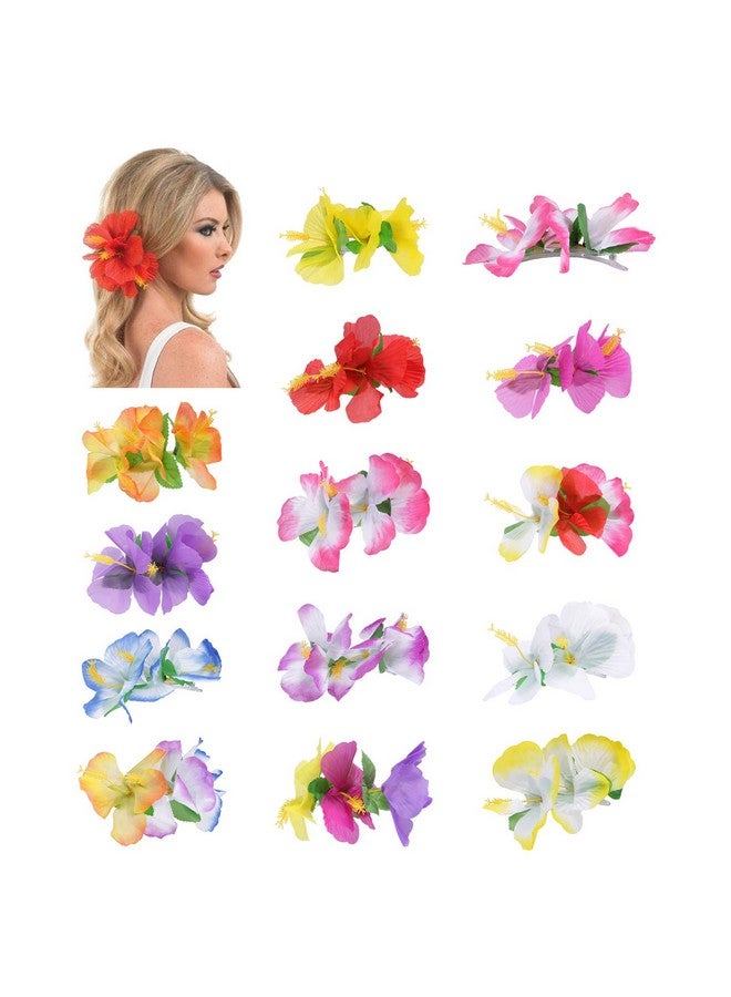 14 Pack Artificial Large Silk Tropical Hibiscus Flower Hair Clips Barrettes Fake Floral Bows With Clear Alligator Brooch Pins Hawaiian Luau Hula Party Wedding Dancer Hair Piece Accessories For Women
