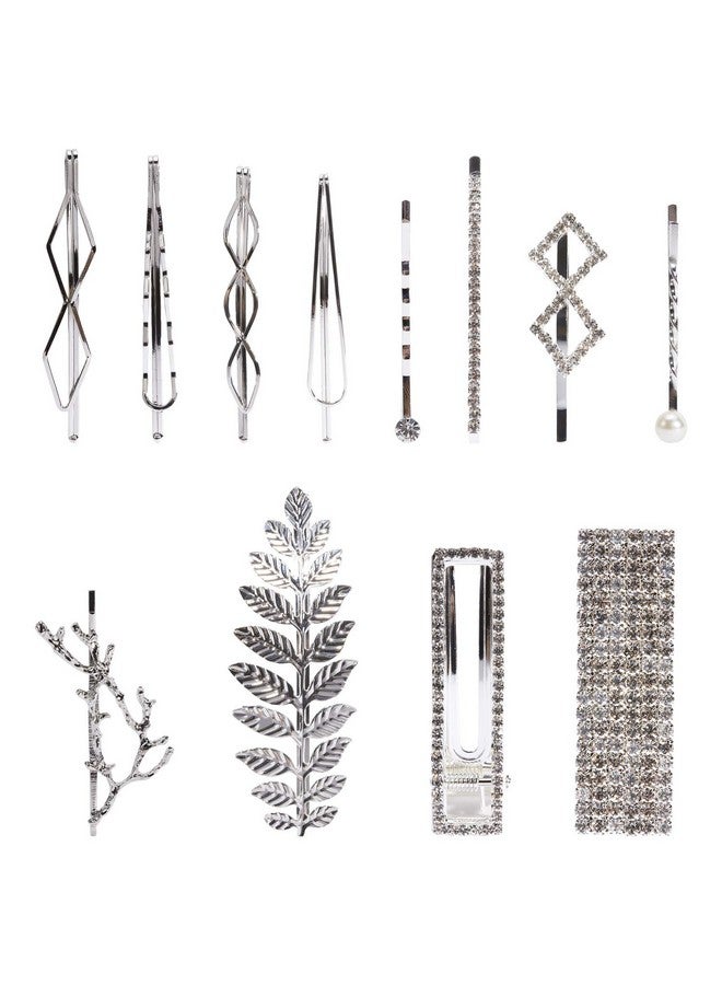 12 Pack Silver Vintage Retro Geometric Metal Pearl Crystal Rhinestone Branch Leaf Hair Clips Snap Barrettes Claw Clamps U Shaped Decorative Bobby Pin Alligator Hairclips Wedding Party Bridal Accessory