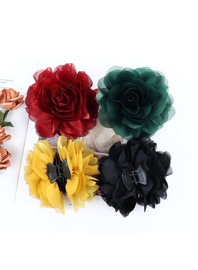 4 Pack Large Red Yellow Green Black Rose Flower Plastic Hair Claws Clips Big Chiffon Flower Bows Jaw Barrette Clamps Floral Ponytail Holder Bun Decorative Fancy Hair Accessories For Women Girls