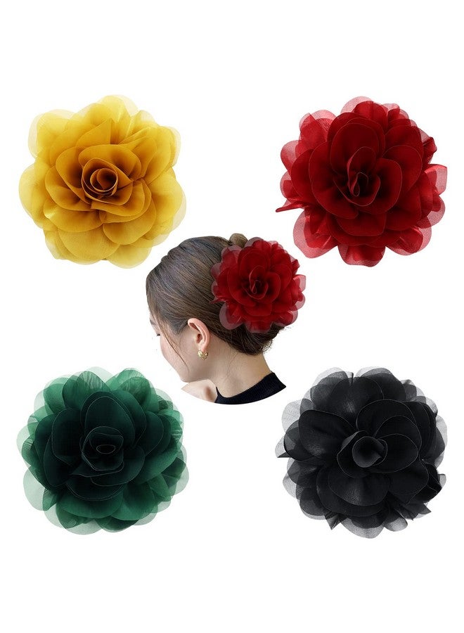 4 Pack Large Red Yellow Green Black Rose Flower Plastic Hair Claws Clips Big Chiffon Flower Bows Jaw Barrette Clamps Floral Ponytail Holder Bun Decorative Fancy Hair Accessories For Women Girls