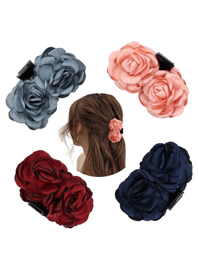 4 Pack Large Pink Red Navy 2 Rose Flower Butterfly Octopus Plastic Hair Claw Floral Bow Clips Jaw Barrettes Hairgrips Clamps Twist Bun Hair Holder Accessories For Women Girl