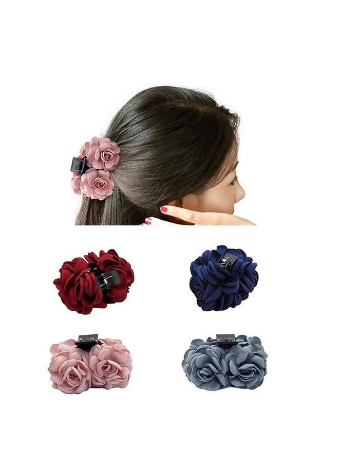 4 Pack Large Pink Red Navy 2 Rose Flower Butterfly Octopus Plastic Hair Claw Floral Bow Clips Jaw Barrettes Hairgrips Clamps Twist Bun Hair Holder Accessories For Women Girl