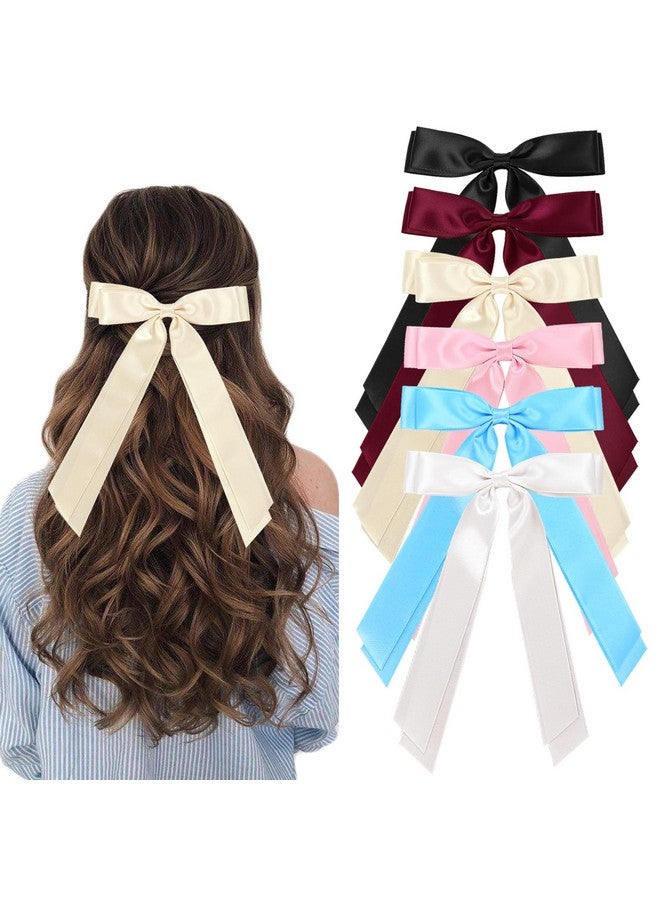 6Pcs Hair Ribbons Bow Clips For Women Silky Satin Hair Bow Clips For Hair Long Bow Hair Barrettes Metal Clips Double Layered Ribbon French Bowknot Clips For Girls Adults Teens