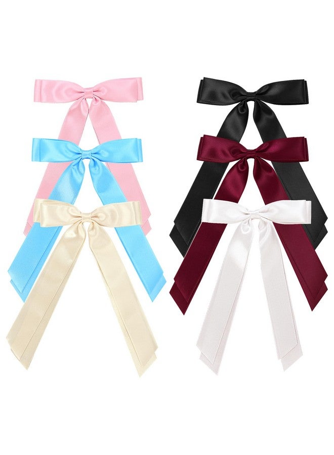 6Pcs Hair Ribbons Bow Clips For Women Silky Satin Hair Bow Clips For Hair Long Bow Hair Barrettes Metal Clips Double Layered Ribbon French Bowknot Clips For Girls Adults Teens