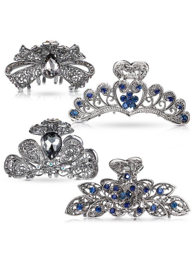 4 Pieces Metal Hair Clips Large Vintage Flower Hair Claw Jaw Clips Nonslip Metal Rhinestone Hair Claw Jaw Clips Barrette Accessories For Women Girls