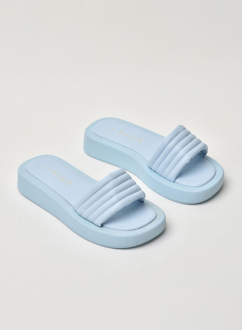 Striped Pattern Broad Strap Platform Sandals Baby Blue