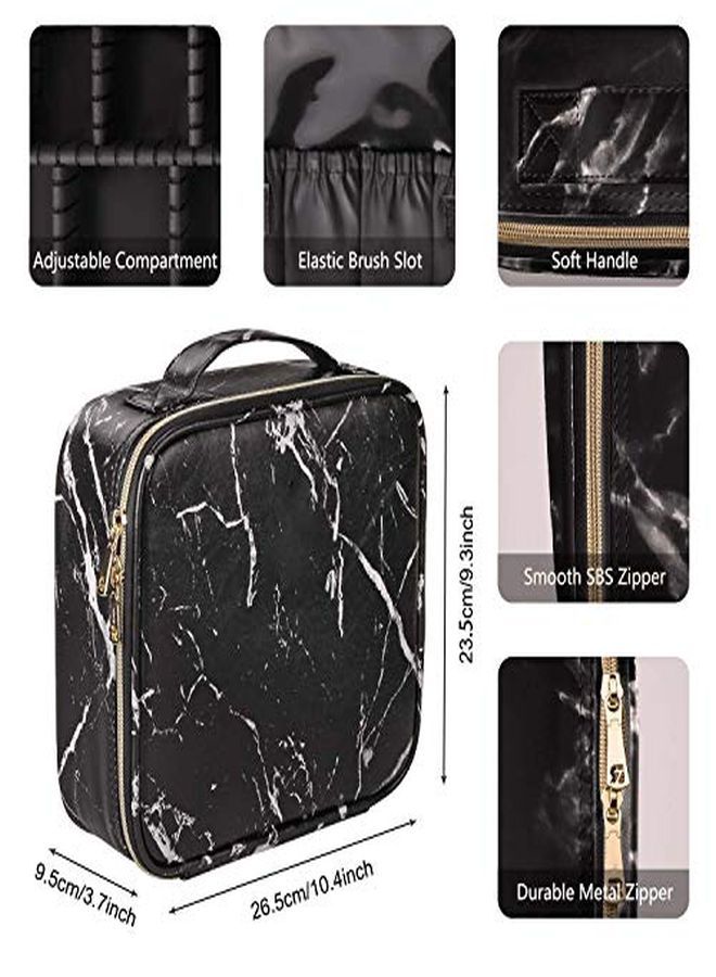 Pu Professional Cosmetic Makeup Kit Storage Organizer Travel Toiletry Vanity Bag With Adjustable Compartment, 26L X 23B X 9H Cm (Black Marble)