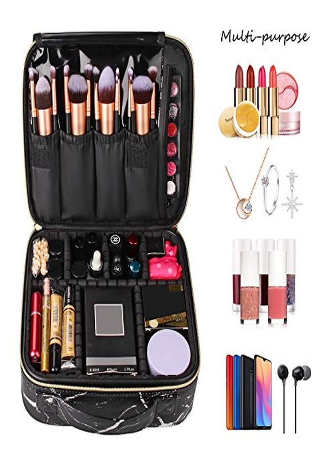 Pu Professional Cosmetic Makeup Kit Storage Organizer Travel Toiletry Vanity Bag With Adjustable Compartment, 26L X 23B X 9H Cm (Black Marble)