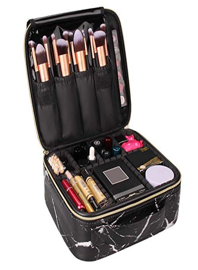 Pu Professional Cosmetic Makeup Kit Storage Organizer Travel Toiletry Vanity Bag With Adjustable Compartment, 26L X 23B X 9H Cm (Black Marble)