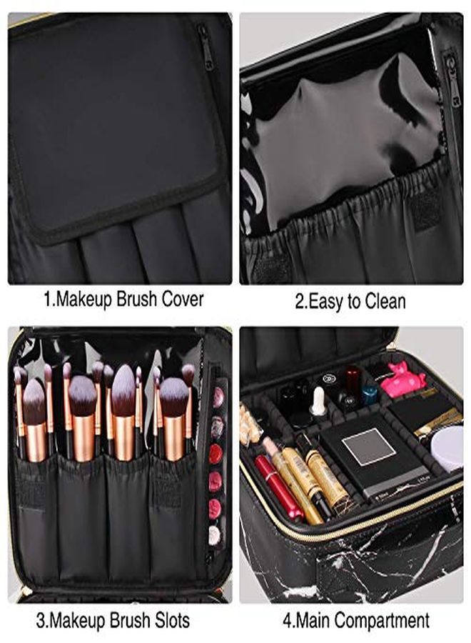 Pu Professional Cosmetic Makeup Kit Storage Organizer Travel Toiletry Vanity Bag With Adjustable Compartment, 26L X 23B X 9H Cm (Black Marble)