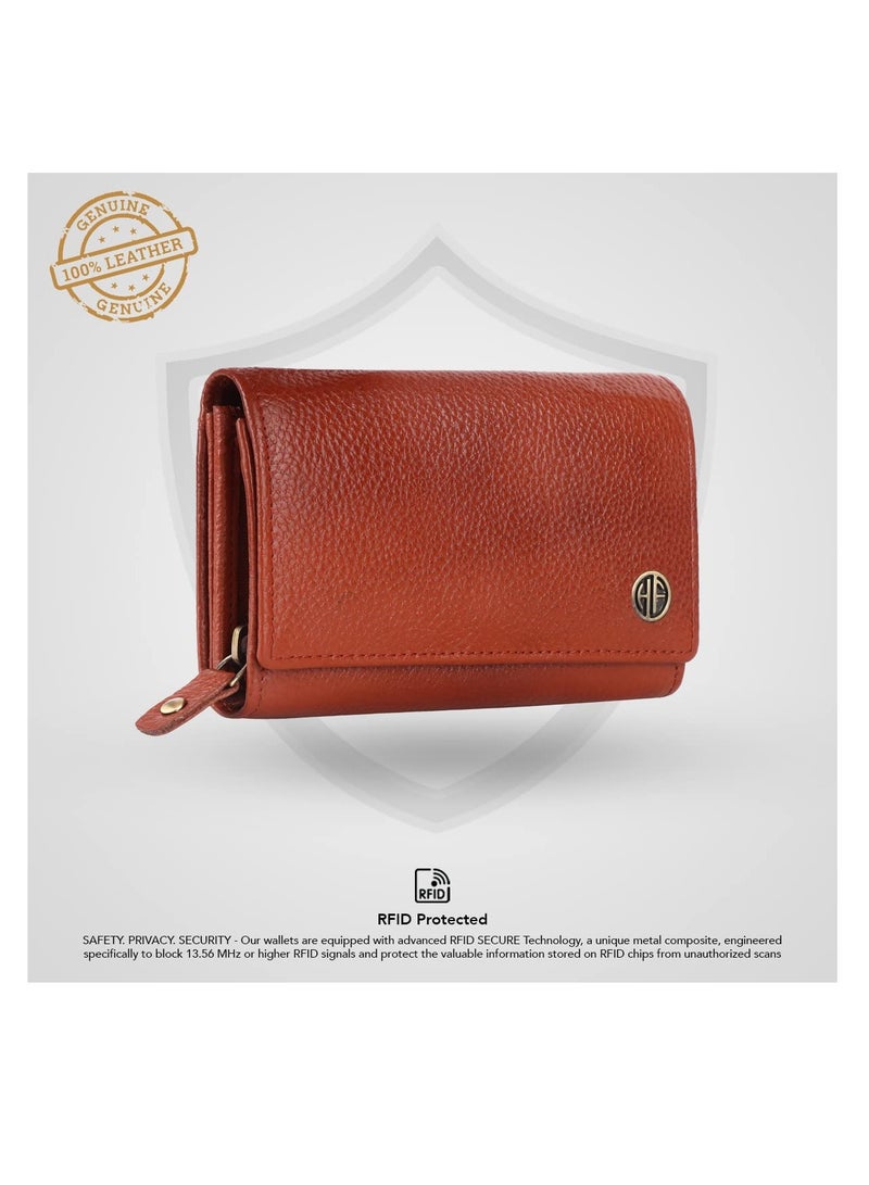 Wallet for Women - Leather Purse for Women with RFID Protection, 8 Card Slots, and 5 Compartments - Ladies Wallet with Button Closure - Women's Wallet for Daily Use - Tan