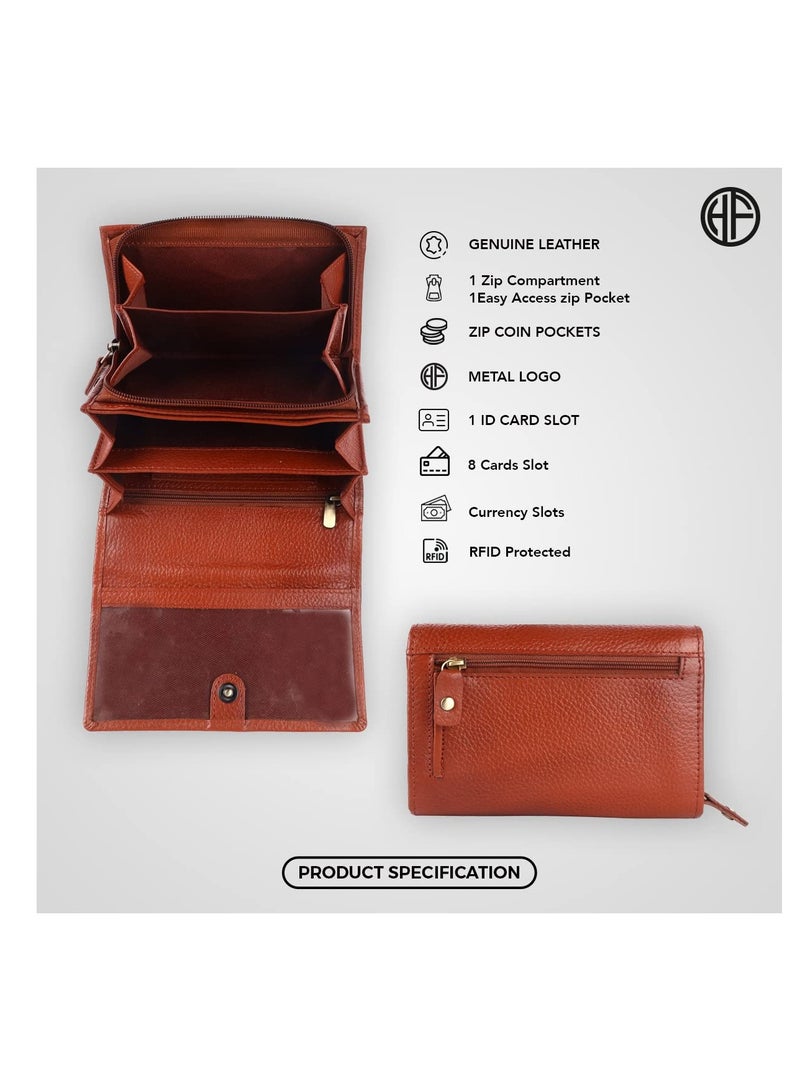 Wallet for Women - Leather Purse for Women with RFID Protection, 8 Card Slots, and 5 Compartments - Ladies Wallet with Button Closure - Women's Wallet for Daily Use - Tan
