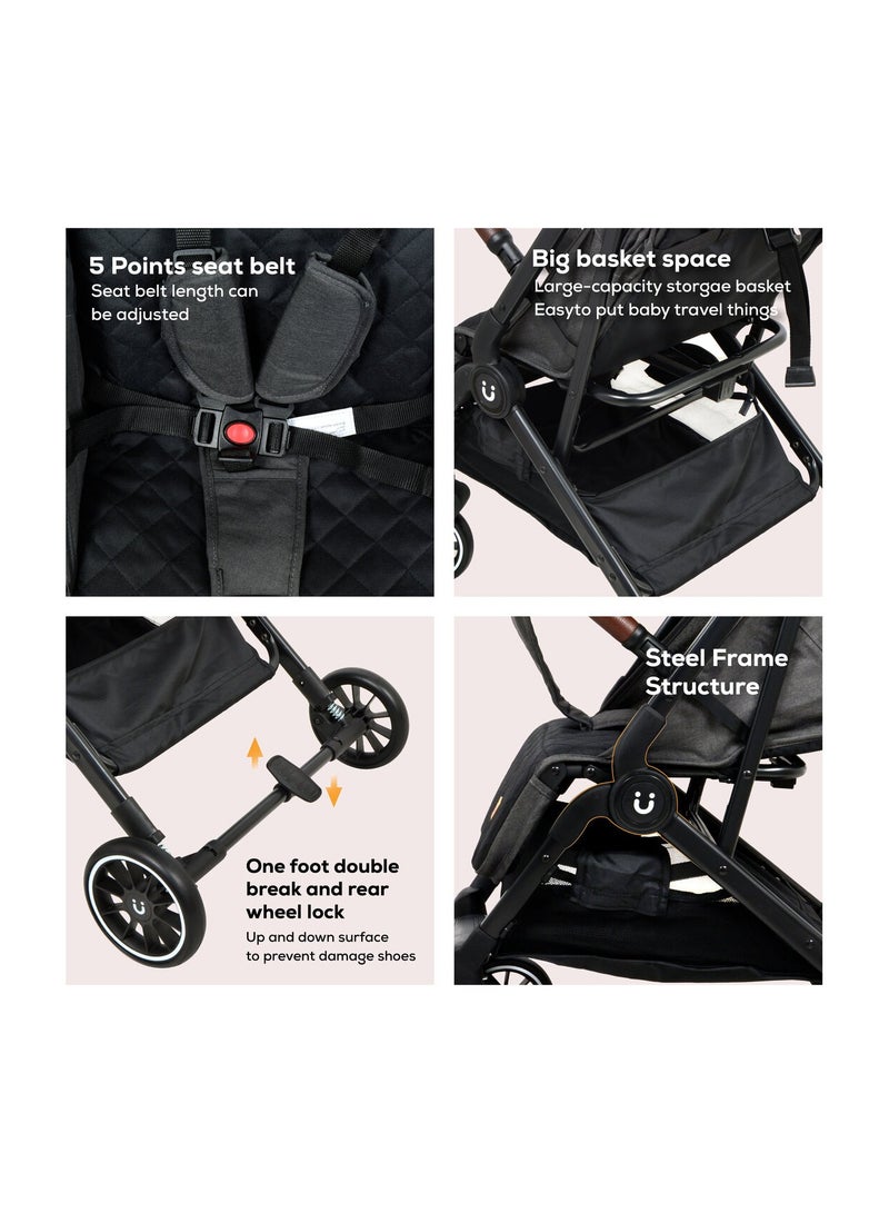 Baby Travel Stroller With Storage Basket, Removable Front Bumper, 5 Point Safety Harness, EVA Wheels, Compact Foldable Design, 0 - 36 Months