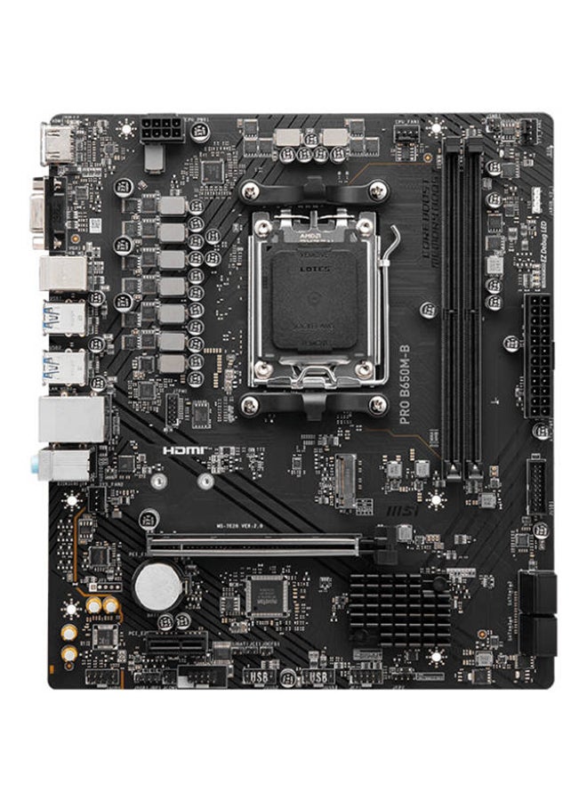 Pro B650M-B AM5 mATX AMD Motherboard, AMD B650 Chipset, 2x DDR5 Slots, 96GB Max Memory, 1x M.2 Slot, 1x PCI-E x16, 4x SATA 6G, Realtek RTL8125BG LAN,HDMI & VGA Output | 911-7E28-005 Black