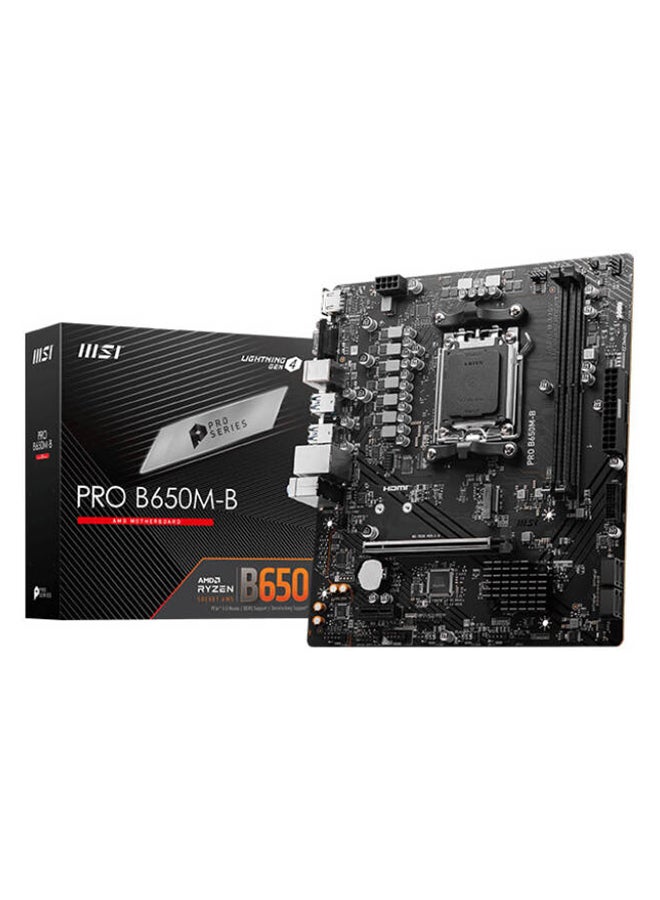 Pro B650M-B AM5 mATX AMD Motherboard, AMD B650 Chipset, 2x DDR5 Slots, 96GB Max Memory, 1x M.2 Slot, 1x PCI-E x16, 4x SATA 6G, Realtek RTL8125BG LAN,HDMI & VGA Output | 911-7E28-005 Black