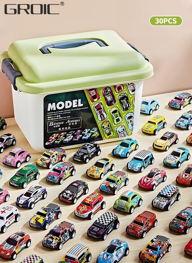 30 Pack Pull Back Toy Cars with Storage Box, Back to Force Toy Cars, Alloy Cast Mini Die-Cast Race Cars Vehicles Bulk, Party Favor Cars Toys, Best Gifts for Toddlers