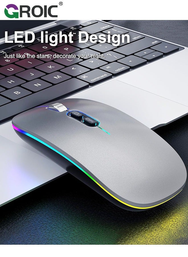 LED Grey Wireless Mouse, Slim Silent Mouse 2.4G Portable Mobile Optical Office Mouse with USB Receiver, 3 Adjustable DPI Levels for Notebook, PC, Laptop, Computer, MacBook