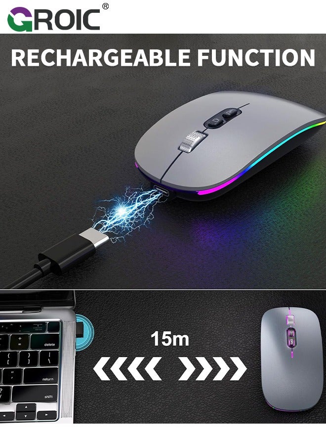 LED Grey Wireless Mouse, Slim Silent Mouse 2.4G Portable Mobile Optical Office Mouse with USB Receiver, 3 Adjustable DPI Levels for Notebook, PC, Laptop, Computer, MacBook