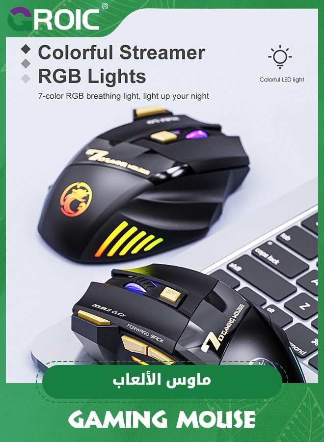 Wireless Gaming Mouse, Rechargeable Silent Wireless Mouse with 3200 DPI Adjustable,Double Click Key, Colorful RGB Lights, Computer Mice with Thumb Rest for PC/Mac Gamer