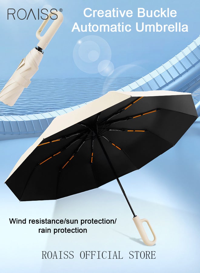 Unisex Multifunctional Automatic Umbrella with Thickened Coating for Cooling and Heat Insulation Dual Umbrella Ribs for Wind and Waterproof Circular Handle for Easy Carrying 10 Rib 3 Fold Design UPF50