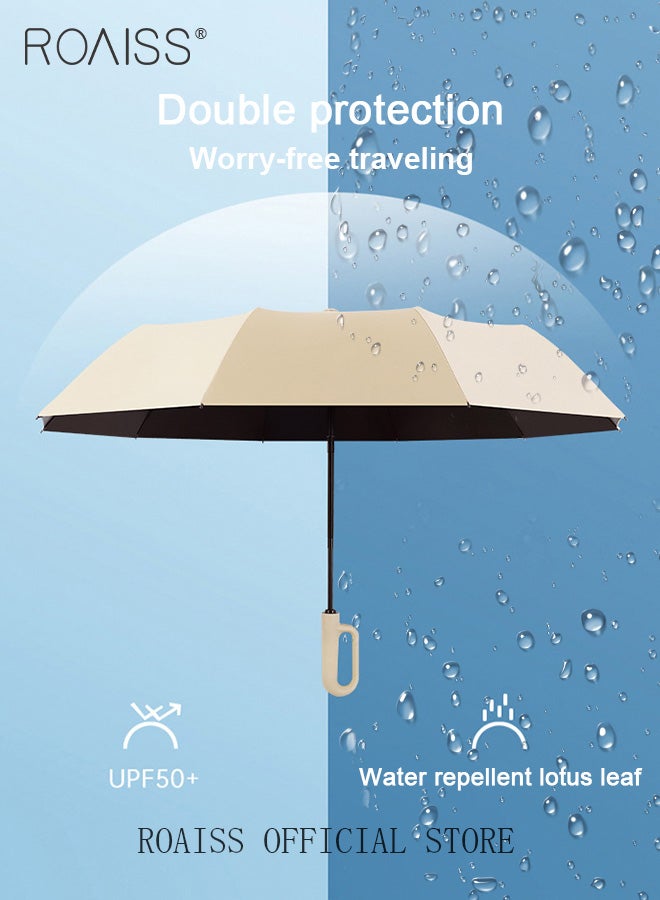 Unisex Multifunctional Automatic Umbrella with Thickened Coating for Cooling and Heat Insulation Dual Umbrella Ribs for Wind and Waterproof Circular Handle for Easy Carrying 10 Rib 3 Fold Design UPF50