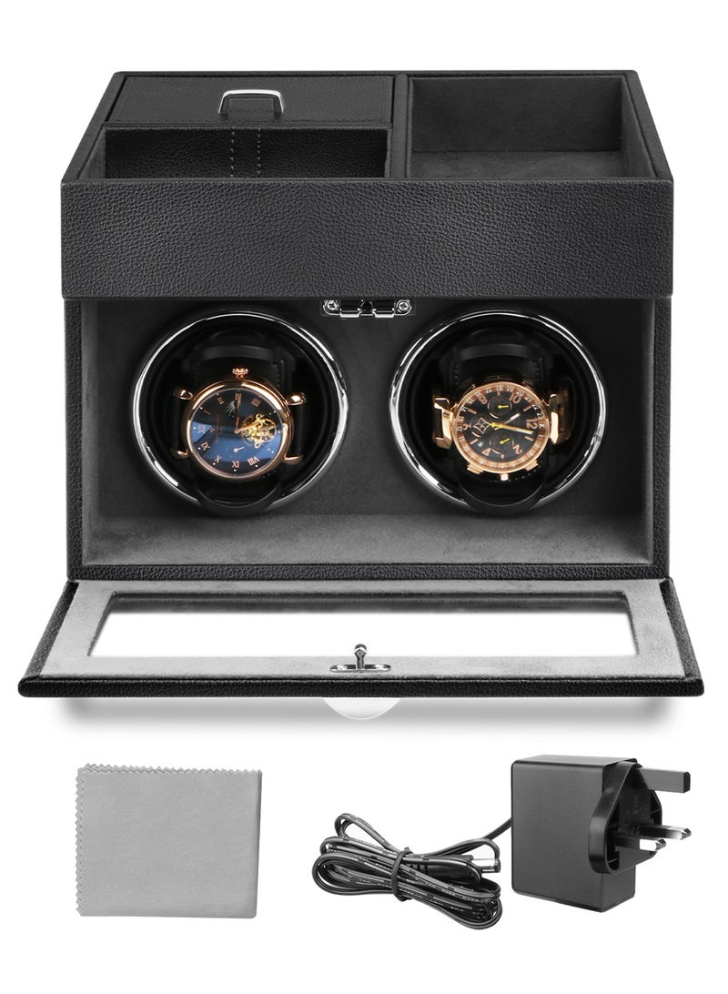 Automatic Double Watch Winder - Watch Winder Box with Men Jewelry Organizer Tray, Japanese Quiet Motor, LED Light, Adjustable Watch Pillows, AC Adapter - Black