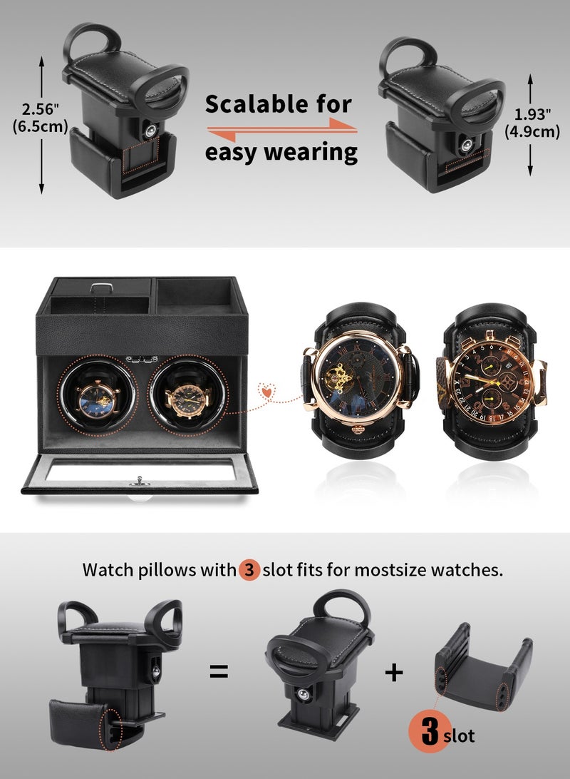 Automatic Double Watch Winder - Watch Winder Box with Men Jewelry Organizer Tray, Japanese Quiet Motor, LED Light, Adjustable Watch Pillows, AC Adapter - Black