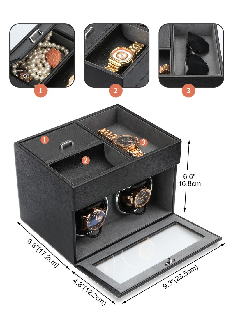 Automatic Double Watch Winder - Watch Winder Box with Men Jewelry Organizer Tray, Japanese Quiet Motor, LED Light, Adjustable Watch Pillows, AC Adapter - Black