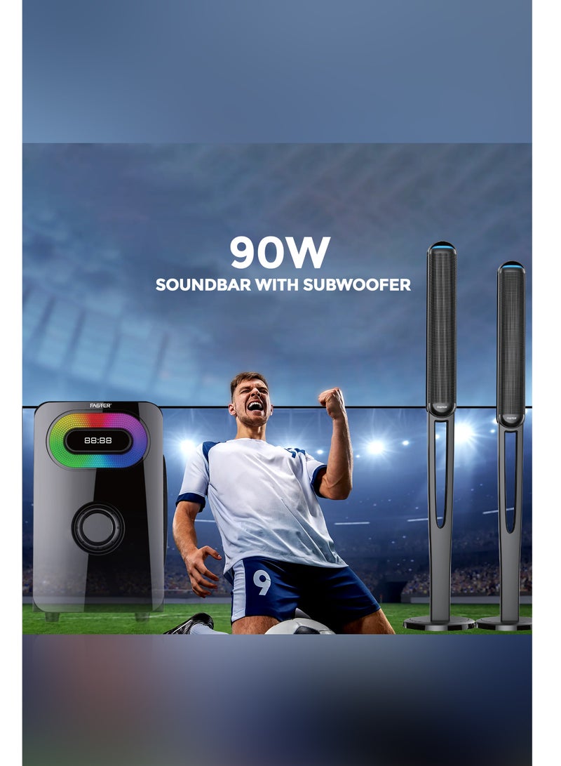 XB8500 2.1 CH Home Theater Multimedia Speaker with Wired Subwoofer 90W Powerful Output - Dedicated Sound Mode, Deep and Thrilling Bass, Dolby Digital Embedded - Multi Color LED Display - Supporting Bluetooth, AUX, USB & Remote