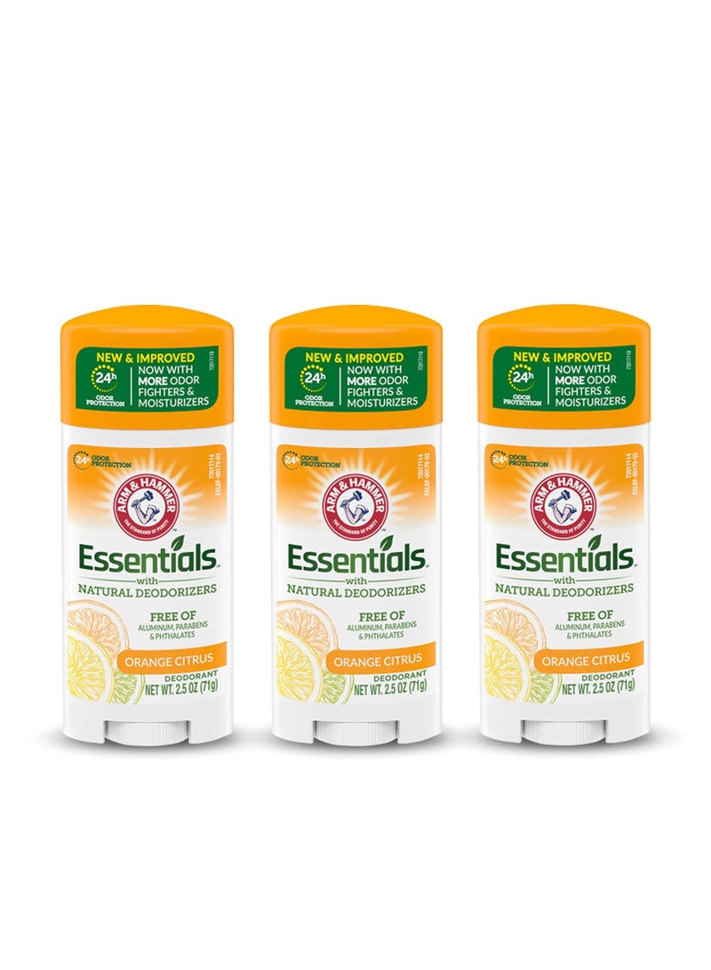 ARM & HAMMER Essentials Deodorant- Orange Citrus- Solid Oval - Made with Natural Deodorizers- Free From Aluminum, Parabens & Phthalates, 2.5 oz (Pack of 3)