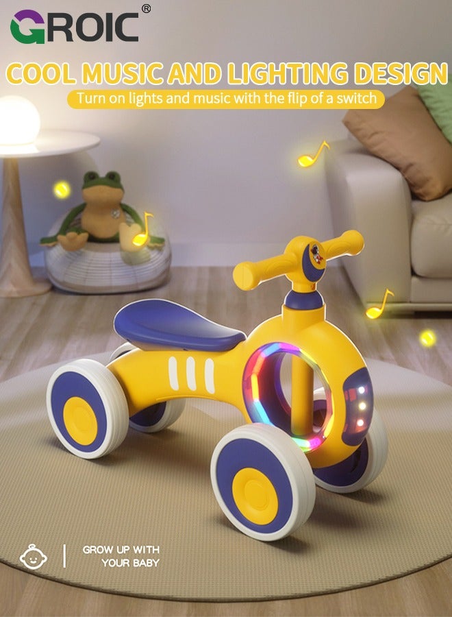 Baby Balance Bike,Mini Bike No Pedal Bike,Four-wheeled Balance Bike,Baby Bike Toys with Music & Light, Bike to Train Baby from Standing to Running