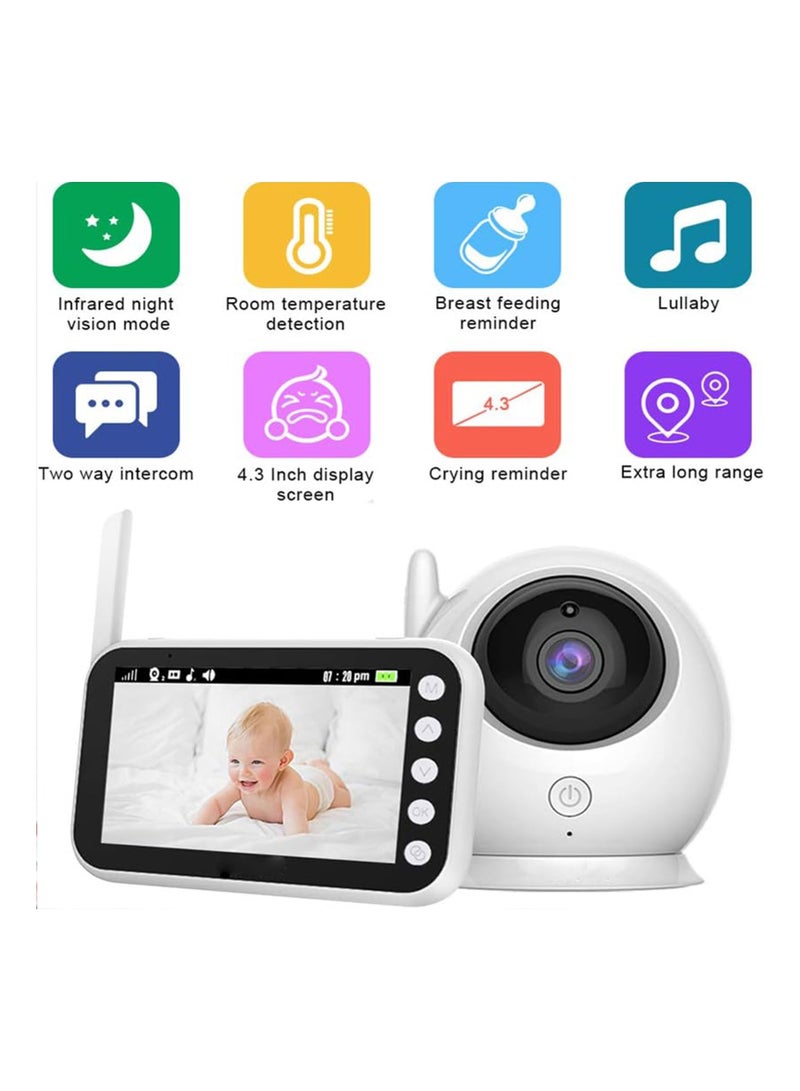 Abm100 Video Baby Monitor Lcd Display, 360 Angle Two Way Audio Infrared Night Version Lullaby Sound Temperature Alert, Support Multi Cameras