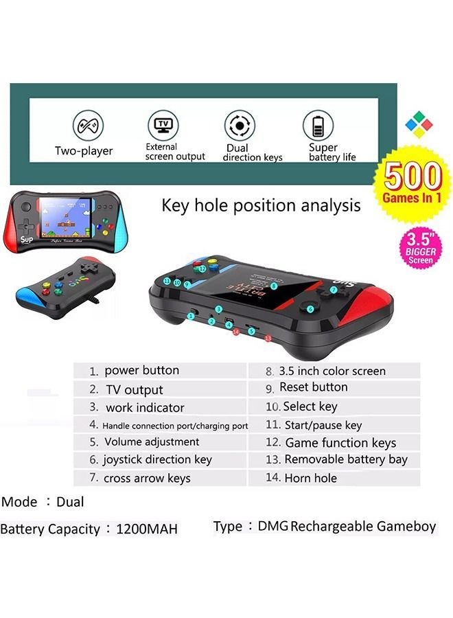 Handheld Game Console Retro Console with 500 Classic Games Supporting 2 Players TV Connection 1200 mAh Rechargeable Battery