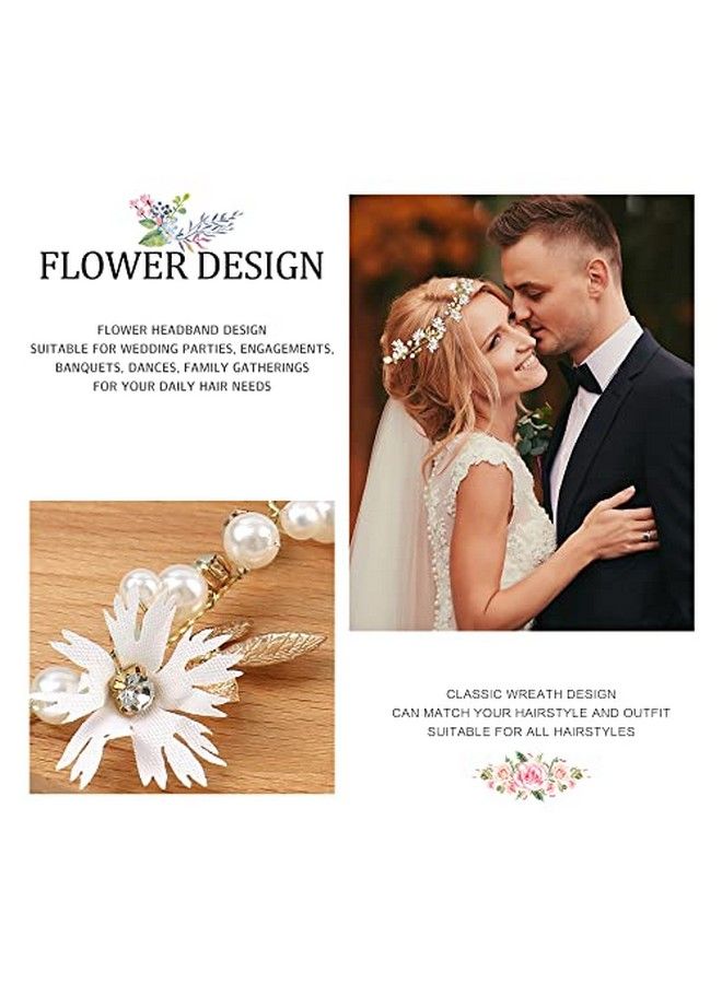 Daisy Flower Wedding Hair Vine Gold Leaf Rhinestone Pearl Bridal Headband Tiara Hair Accessories With Ribbon Festivals Party Fall Hair Pieces For Women And Flower Girls