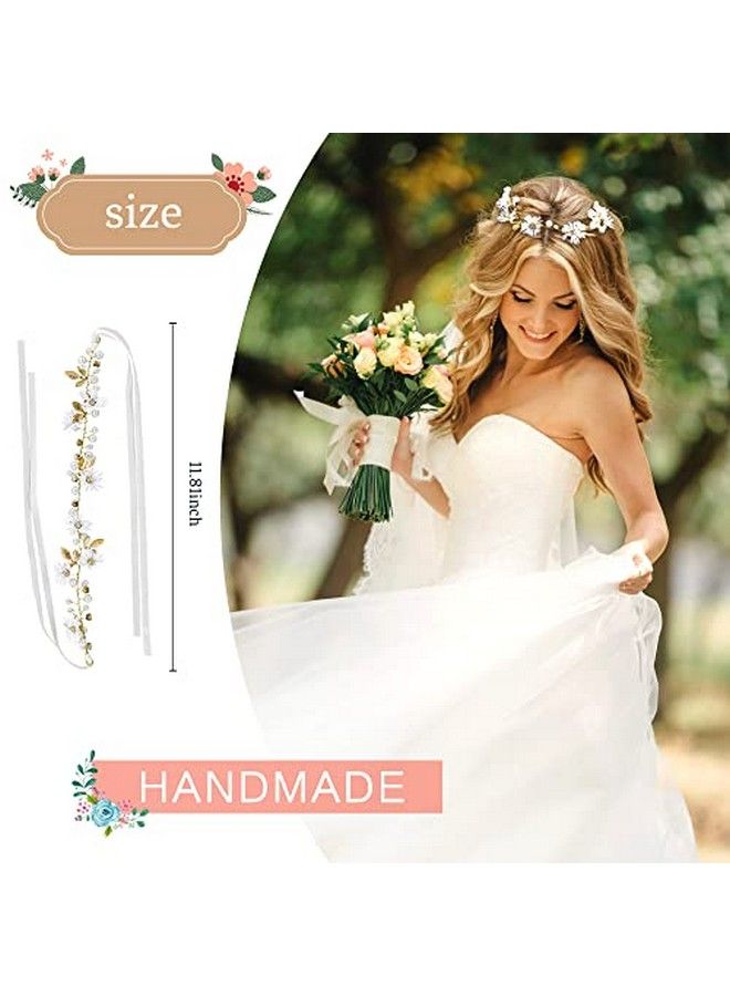 Daisy Flower Wedding Hair Vine Gold Leaf Rhinestone Pearl Bridal Headband Tiara Hair Accessories With Ribbon Festivals Party Fall Hair Pieces For Women And Flower Girls