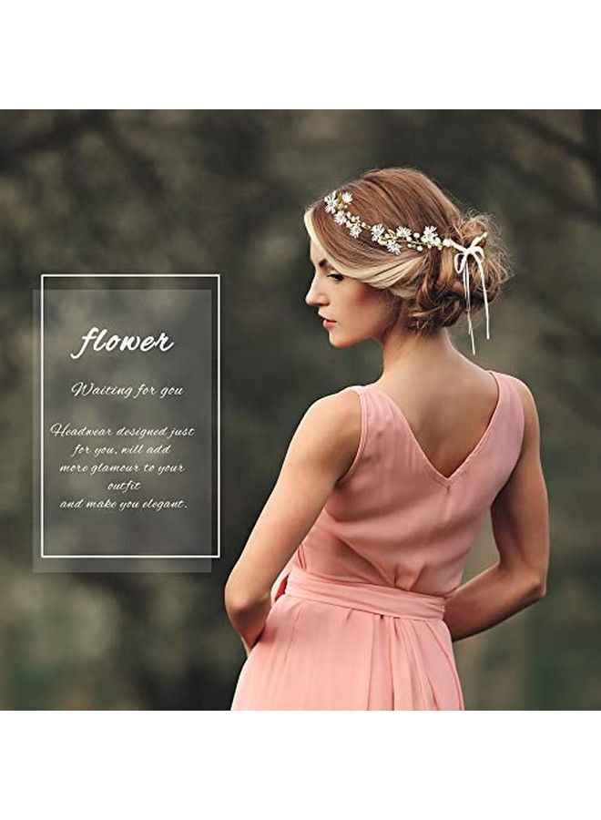 Daisy Flower Wedding Hair Vine Gold Leaf Rhinestone Pearl Bridal Headband Tiara Hair Accessories With Ribbon Festivals Party Fall Hair Pieces For Women And Flower Girls