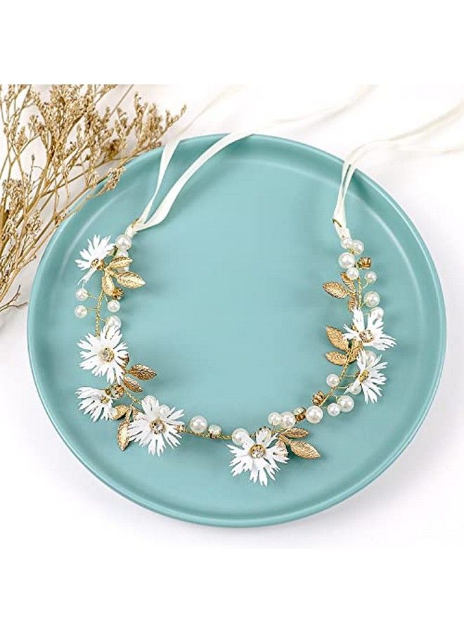 Daisy Flower Wedding Hair Vine Gold Leaf Rhinestone Pearl Bridal Headband Tiara Hair Accessories With Ribbon Festivals Party Fall Hair Pieces For Women And Flower Girls