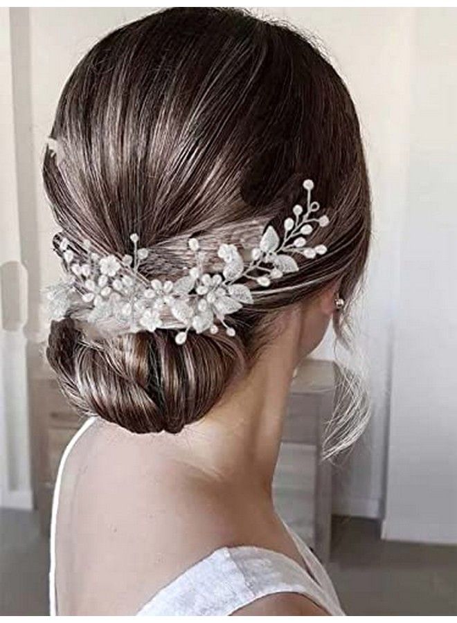 Pearl Wedding Headband Silver Flower Bridal Hair Accessories Leaf Hair Piece For Women And Girls