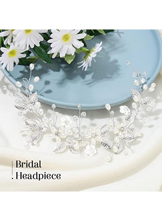 Pearl Wedding Headband Silver Flower Bridal Hair Accessories Leaf Hair Piece For Women And Girls