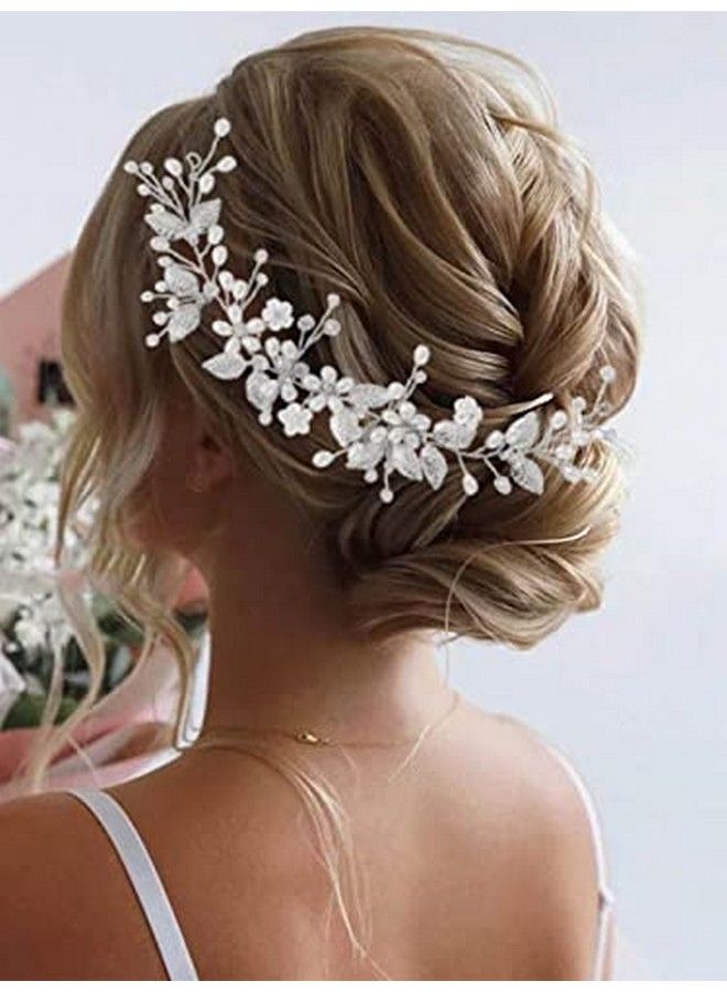 Pearl Wedding Headband Silver Flower Bridal Hair Accessories Leaf Hair Piece For Women And Girls