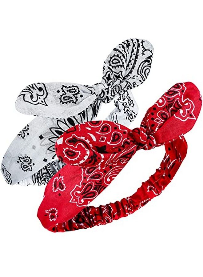 2 Pieces Bandana Headband For Women And Girls Knot Retro Print Headbands Paisley Print Headband Headwrap For Girls And Women (Red White)