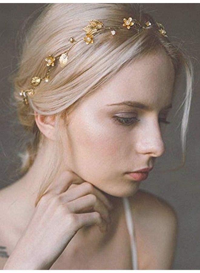 Bride Wedding Hair Vine Headband Gold Leaf Bridal Accessories For Women (Gold) (Gold)