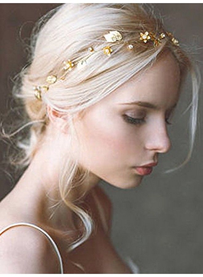 Bride Wedding Hair Vine Headband Gold Leaf Bridal Accessories For Women (Gold) (Gold)