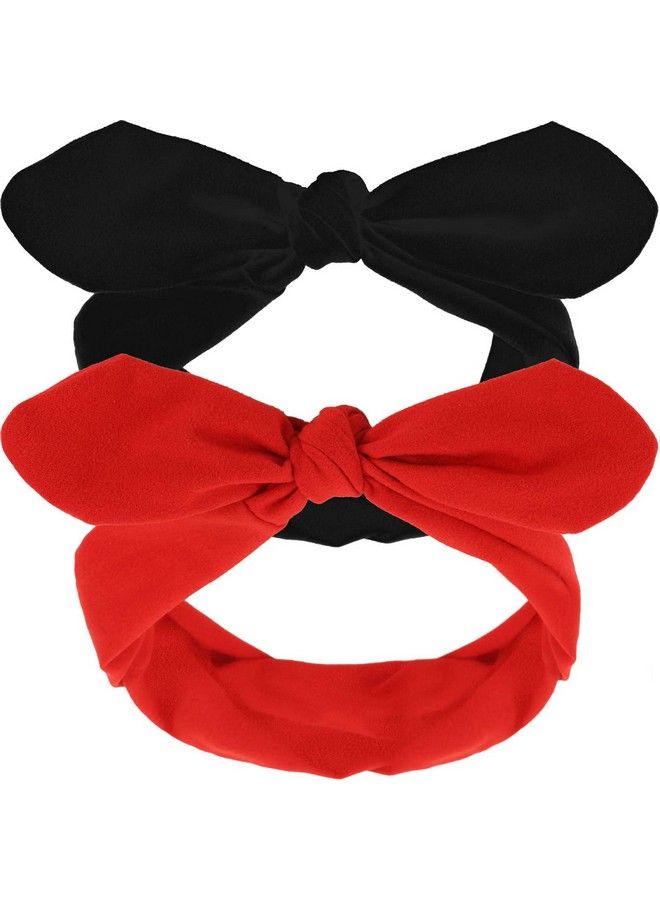 2 Pieces Retro Headbands Woman Girl Headbands With Bows Cotton Handmade Hairbands Baby Vintage Wire Headband Rabbit Ear Bow Hair Band Headwrap (Red And Black Adult Size)