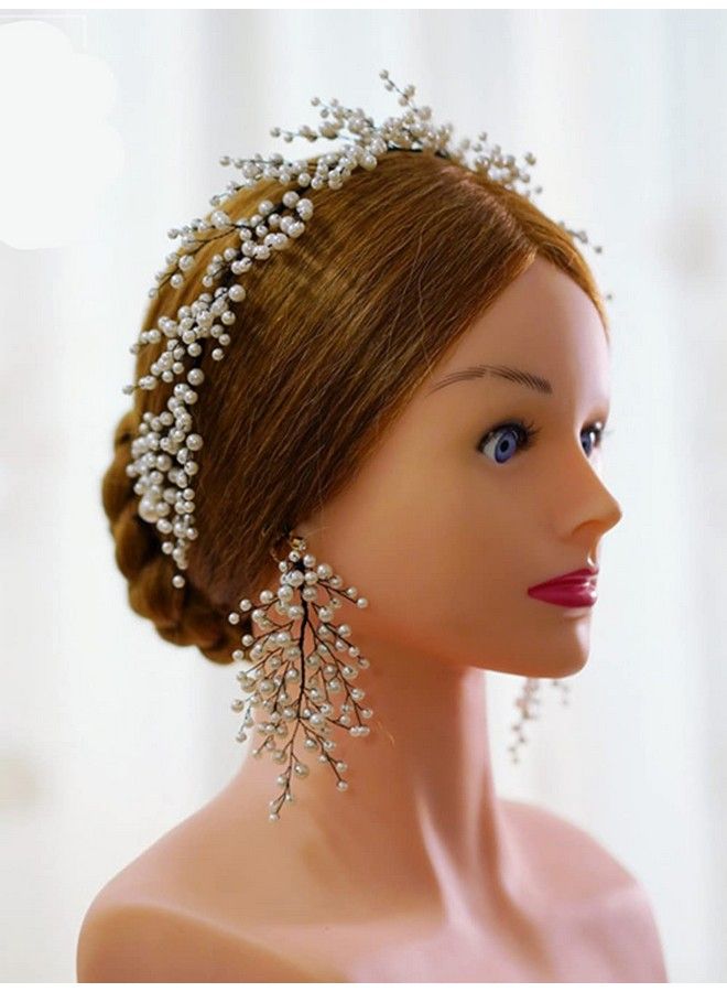 Bride Hair Accessories Pearl Headband Earrings Set Pearl Hair Vine Headpiece For Wedding Evening Party