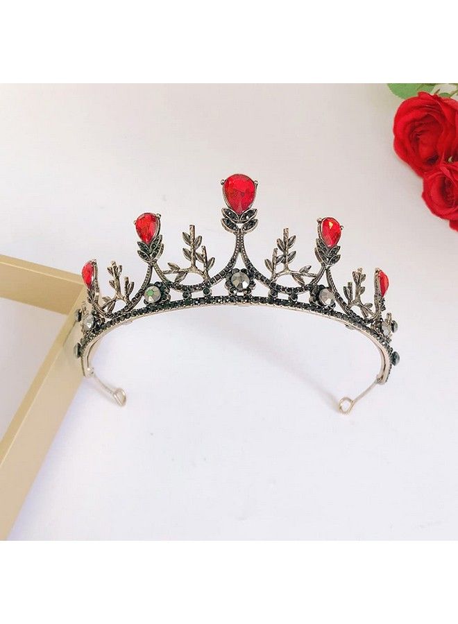 Baroque Queen Tiara Retro Rhinestone Wedding Bridal Crown Princess Jeweled Hair Accessories For Women (Red)